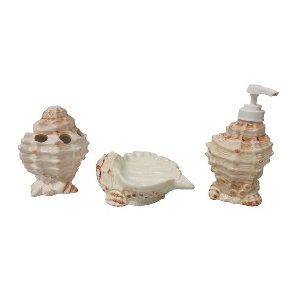 Vintage Ceramic Sea Shell Bathroom Vanity Soap Lotion & Toothbrush Holder Set - Picture 1 of 8